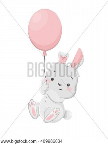 Stock Vector Rabbit On White Background. Happy Easter. Funny Bunny Cartoon Character Holding Balloon