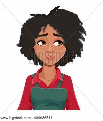 Stock Vector. Face Expression Of Beautiful African American Woman Gardener, Upset. Female Emotion. C