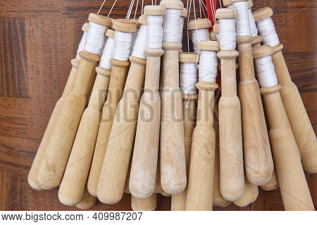 Traditional Textile Bobbin Loom Artisan Craftmanship Made In Camarinas. Spain