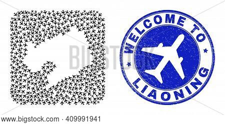 Vector Mosaic Liaoning Province Map Of Delivery Elements And Grunge Welcome Seal Stamp. Mosaic Geogr
