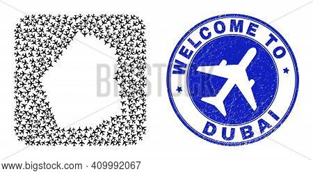 Vector Collage Dubai Emirate Map Of Airflight Elements And Grunge Welcome Seal Stamp. Collage Geogra
