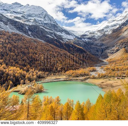 Palu Lake Below Piz Palu Glacier In Swiss Alps In Autumn Day, Canton Of Grisons, Switzerland