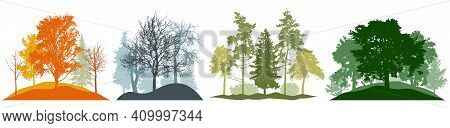 Four Season, Autumn And Winter And Spring And Summer, Set. Silhouette Of Beautiful Nature, Landscape