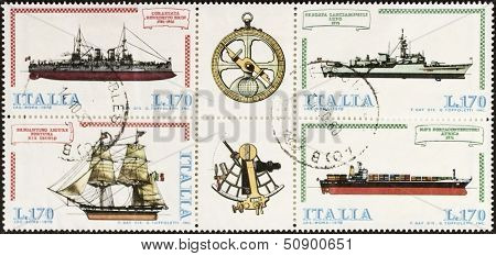 ITALY Ã?ÃÂ¢?? CIRCA 1978: a block of four stamps printed in Italy shows illustrations of  four ships and old sextant and compass old sextant. Italy, circa 1978