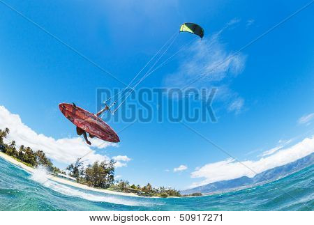 Young Man KiteBoarding, Fun in the ocean, Extreme Sport Kitesurfing