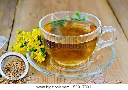 Herbal Tea From Tutsan In Strainer With Cup