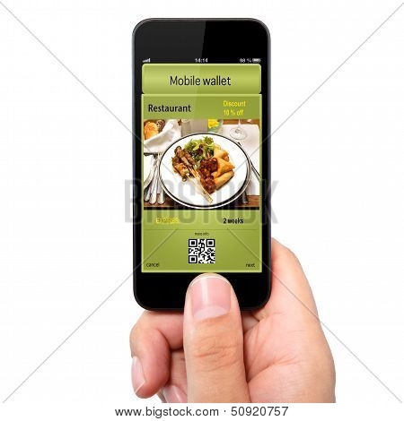 Isolated Man Hand Holding The Phone With A Mobile Wallet And Ticket Discount In Restaurant