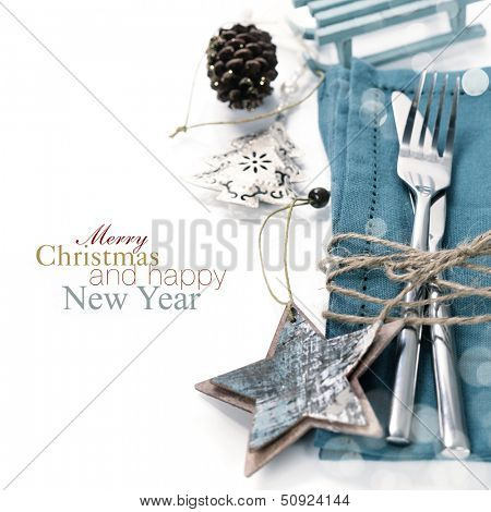 Christmas table place setting with christmas decorations (with easy removable sample text)