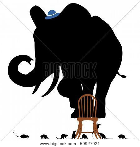 Editable vector silhouettes of a frightened elephant standing on a chair surrounded by rats