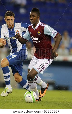 BARCELONA - SEPT, 5: Modibo Maiga of West Ham United in action during a friendly match against RCD Espanyol at the Estadi Cornella on September 5, 2013 in Barcelona, Spain