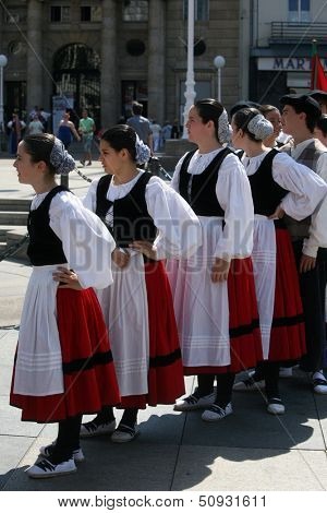 ZAGREB,CROATIA - JULY 18: Members of folk groups Gero Axular from Spain in Basque national costume during the 47th International Folklore Festival in center of Zagreb,Croatia on July 18,2013