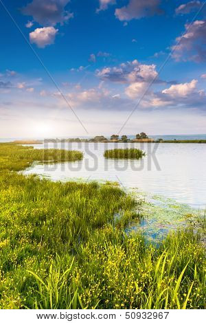 Beautiful view of sinuous river in summer. Southern Buh River, Ukraine, Europe. Beauty world.