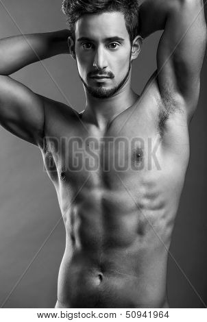 Blacl and White portrait of a Shirtless male model posing