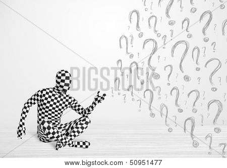 3d human character is body suit morphsuit looking at hand drawn question marks