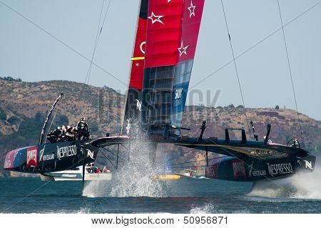 SAN FRANCISCO, CA - SEPTEMBER 12: Emirates Team New Zealand competes in the America's Cup sailing races in San Francisco, CA on September 12, 2013