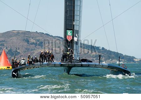 SAN FRANCISCO, CA - SEPTEMBER 12: The crew of Oracle Team USA prepares to compete in the America's Cup sailing races in San Francisco, CA on September 12, 2013