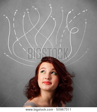 Pretty young woman thinking with arrows in different directions above her head