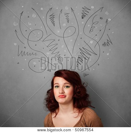 Pretty young woman deciding with sketched arrows over her head