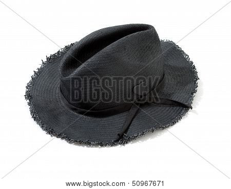 Dark Grey Raffia Fringed Woven Hat With Hatband And Heart Brooch
