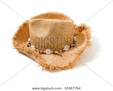 Raffia Fringed Farmer Hat With Beads And Buttons Hatband