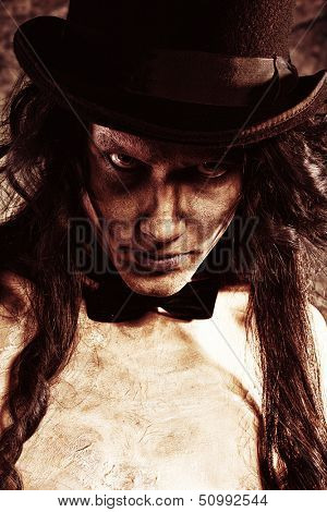 Close-up portrait of a gloomy vampire standing at the night background. Halloween.