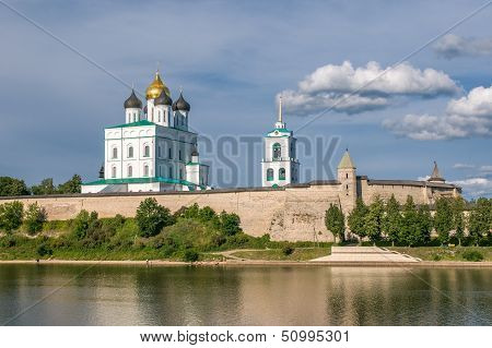 Pskov Kremlin (krom) And The Trinity Orthodox Cathedral, Russia.