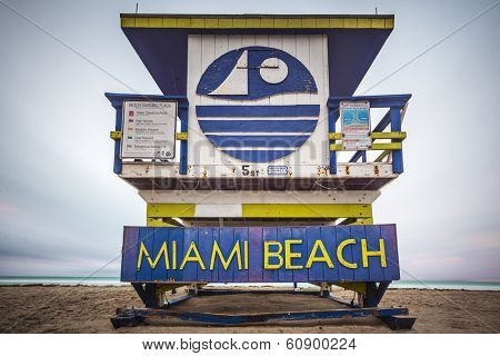 MIAMI, FLORIDA - JANUARY 9, 2014: One of the Miami Beach Life guard towers. There are 25 uniquely designed life guard towers on the beach.