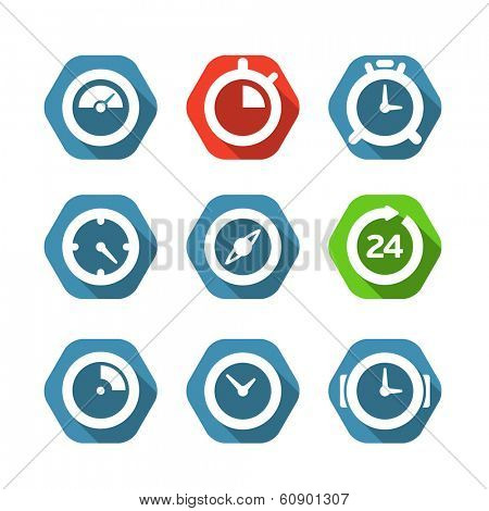 Different clock buttons collection isolated on white. Design elements