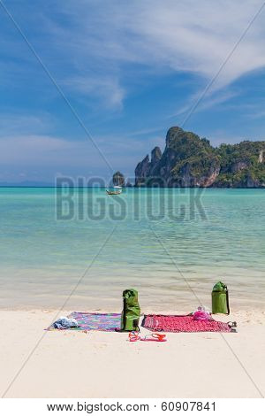 Beach gears at beautiful bay of Phi Phi island at day time, Thailand