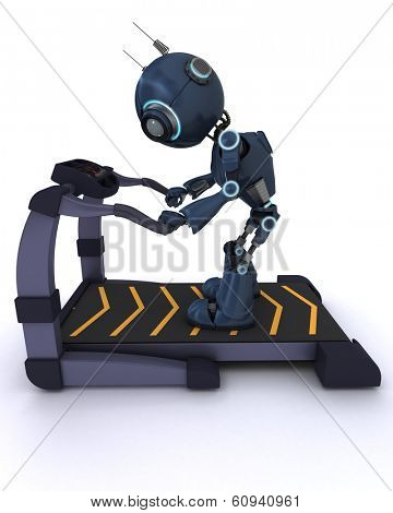3D render of an Andriod at the gym running on a treadmill