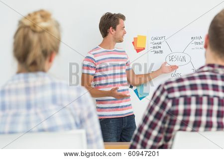 Smiling young designer presenting ideas to colleagues in creative office