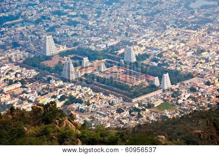 Town Tiruvannamalai with Arulmigu Arunachaleswarar Temple, Tamil Nadu, India. Aerial view.