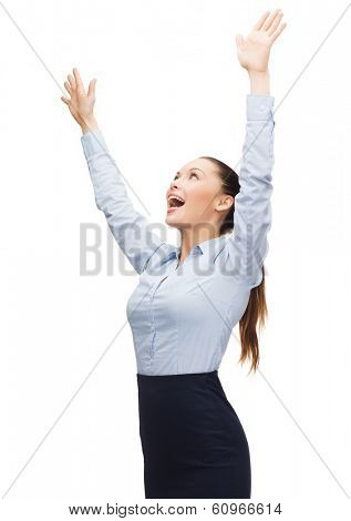 business, success and office concept - laughing businesswoman waving hands