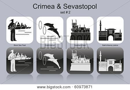 Landmarks of Crimea & Sevastopol. Set of monochrome icons. Editable vector illustration.