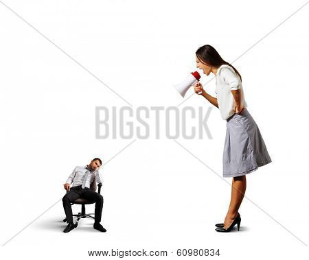 angry young woman screaming at small lazybones. isolated on white background