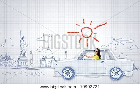 Young woman riding car made of list of paper