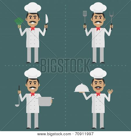 Adult cook shows gestures and holds utensils