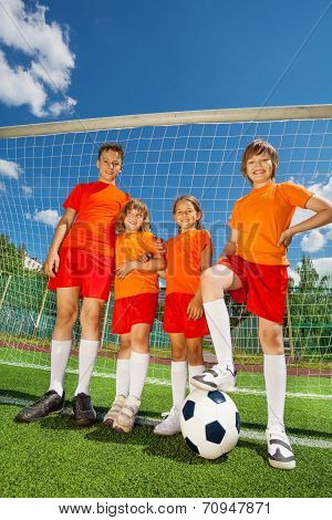 Children of different height with football