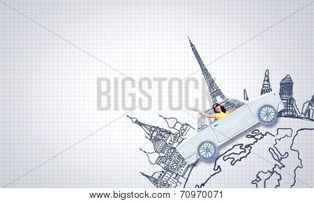 Young woman riding car made of list of paper