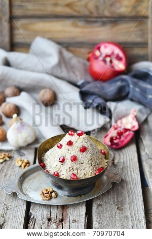 traditional Georgian vegetable snack of a pkhali in a vintage metal bowl