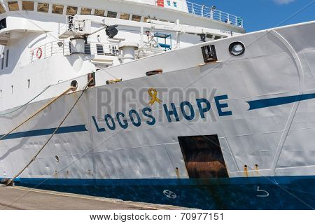 KEELUNG, TAIWAN - August 26th : Logos Hope docked at the Keelung, Keelung, Taiwan on August 26th , 2014. Logos Hope is the largest library at sea.