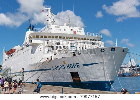 KEELUNG, TAIWAN - August 26th : Logos Hope docked at the Keelung, Keelung, Taiwan on August 26th , 2014. Logos Hope is the largest library at sea.