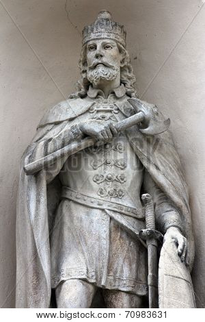 CAKOVEC, CROATIA - JAN 11: Saint Ladislaus I of Hungary on portal of the church of St. Nicholas  in Cakovec, Croatia on Jan 11, 2013. 