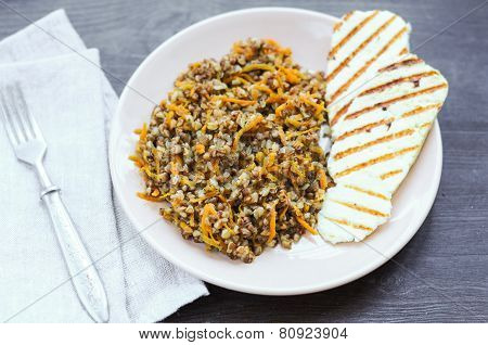 Buckwheat With Carrot And Slices Of Fried Cheese
