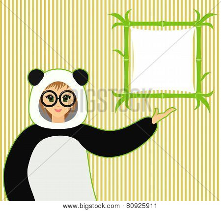 Vector illustration of cute smiling girl in panda suit and bamboo textboard on yellow stripes backgr