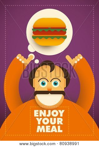 Food background with comic guy. Vector illustration.