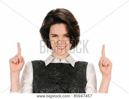 young woman pointing fingers