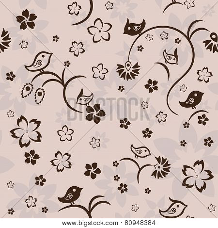 Seamless floral pattern with birds on beige background, vector
