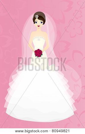 Bride brunette on pink background, vector card for wedding