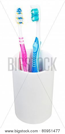 Pair Tooth Brushes In Ceramic Glass